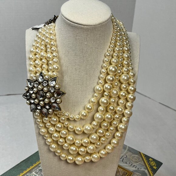 Sequin Multi-Strand Pearl Necklace Rhinestone Flower Pendant NWT $265 - Picture 1 of 4